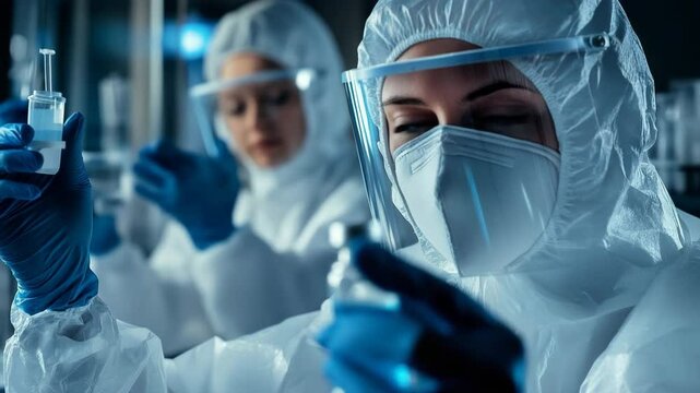 Two researchers in full-body protective gear and face masks examining liquid samples in vials inside a sterile laboratory. Concept of medical research, safety, and scientific precision