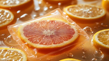 Pouch surrounded by swirling juice and floating droplets, vibrant citrus energy frozen in time