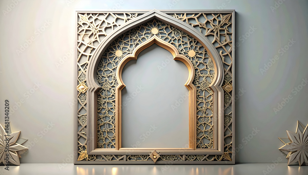 Poster dark gray islamic frame with subtle geometric pattern and soft lighting on a light gray background