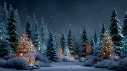 Fototapeta premium Magical Winter Wonderland Snow Covered Christmas Trees Festive Lights
