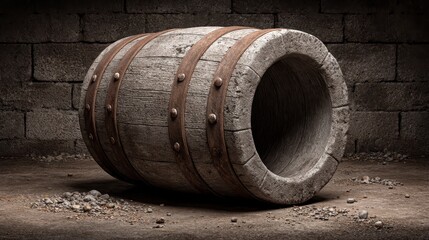 Old Weathered Wooden Barrel  Stone Cellar  Rustic Background