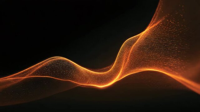 Abstract animation of a glowing orange wave on a black background. The wave is made up of small particles of light, creating a sense of movement and energy.
