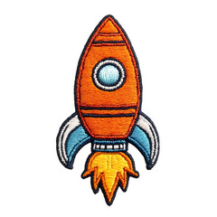 Rocket embroidered patch badge on isolated transparent background, simple orange cartoon design for kids, retro space exploration adventure, science themes, crafting, apparel decoration.