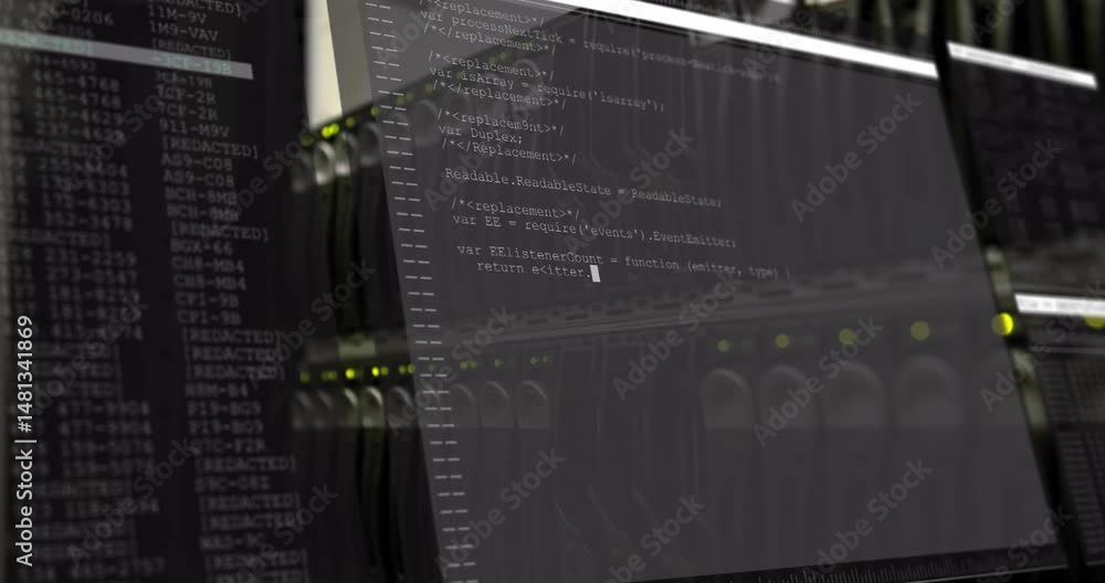 Poster semi-transparent terminal window floating over 3d rack hardware, showing code lines and yellow leds