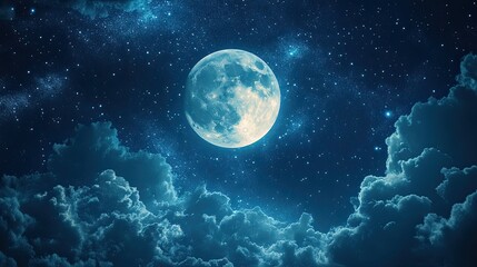 A full moon shining brightly in a starry night sky with fluffy clouds in the foreground scene view