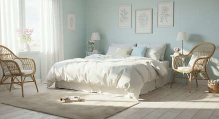 Bedroom with Bed and Wicker Chairs