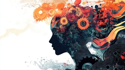 Abstract woman with gears and fire