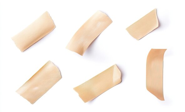 Several pieces of light beige adhesive tape, various sizes and shapes, scattered on a white background.  Each piece shows irregular edges, suggesting tearing