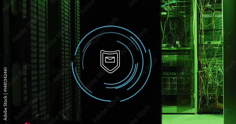 Poster animated illustration showing shield envelope icon glowing inside data center with racks cables
