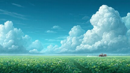 Serene Soybean Field  Tractor Spraying  Cloudy Sky  Agriculture Landscape