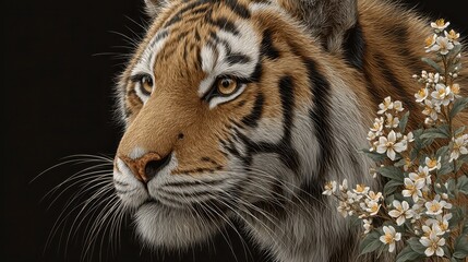 Obraz premium Majestic Tiger Portrait Flowers Wildlife Nature Animal Art