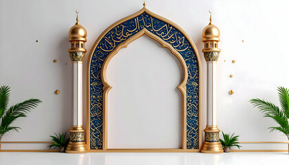 Detailed Islamic Golden Frame with Kufic Script Design featuring Golden Pillars and White Background and Green Plants Islamic Cultural Art