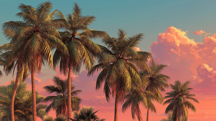 Moody Tropical Sunset with Palm Trees and Vibrant Colors in Serene Beach Vibes Paradise – Dreamy Horizon of Relaxation in Idyllic Exotic Landscape