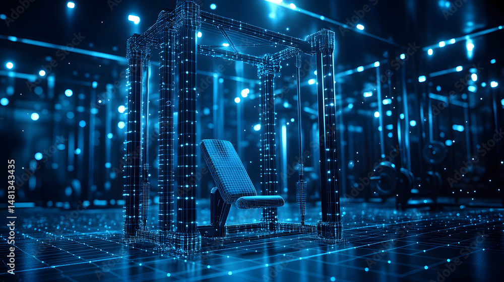 Poster Futuristic gym concept with a wireframe squat rack and bench in a digital space. Bright blue lighting and grid floor enhance the virtual reality aesthetic. Abstract wireframe in dark blue.