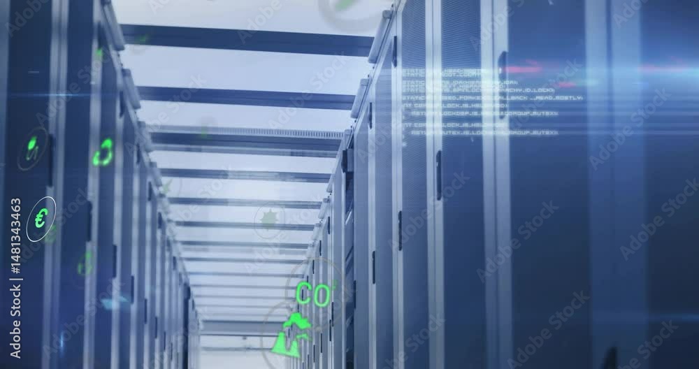 Poster server racks animating through corridor with holographic icons, scrolling code overlay, lens flares