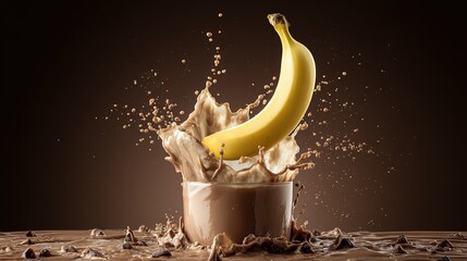 A vibrant banana launching into a chocolate beverage splash.
