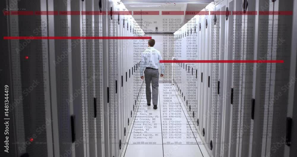 Poster it technician walking down server corridor, showing server racks, code overlays and red scan bars