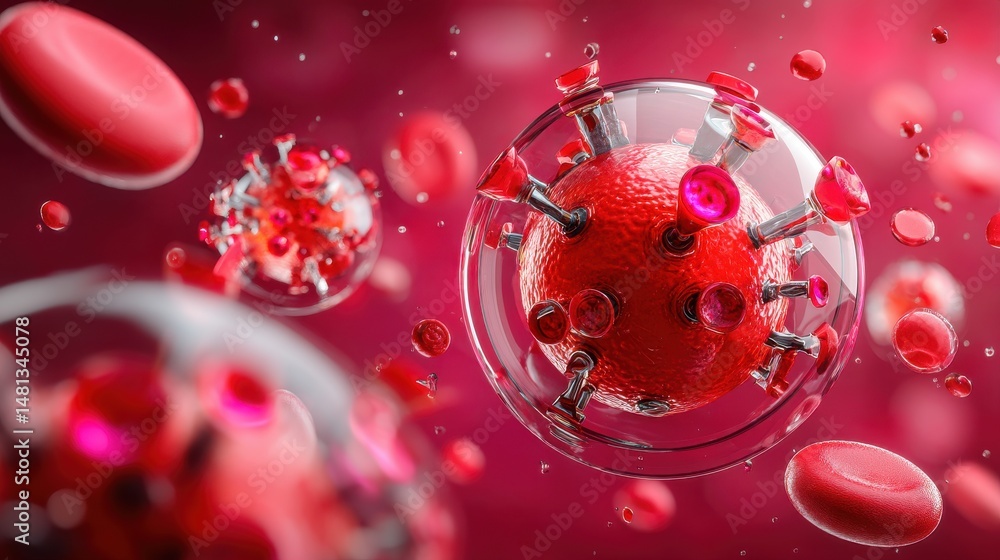 Poster closeup view of a microscopic viral cell structure with a glowing transparent red appearance in a me