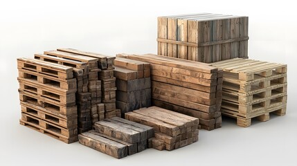 Several stacks of weathered wooden pallets and planks are neatly arranged on a white background, showcasing different sizes and textures of reclaimed lumber.