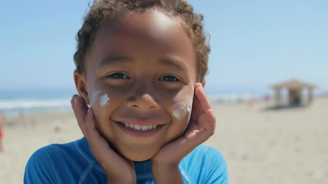 Afro american child in blue swimwear smiling close to camera with sunscreen on face against sandy beach and blue sky Concept of sun protection and joyful summer vacation