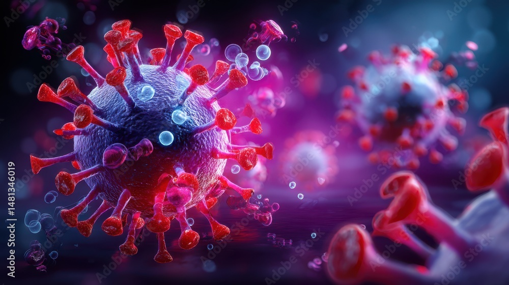 Poster detailed microscopic image showcasing the complex and intricate structure of a contagious viral path