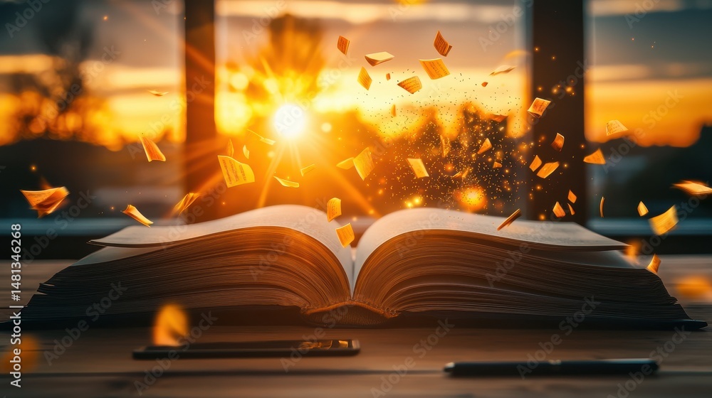 Poster an open book rests on a surface its pages illuminated by the vibrant golden light of the setting sun