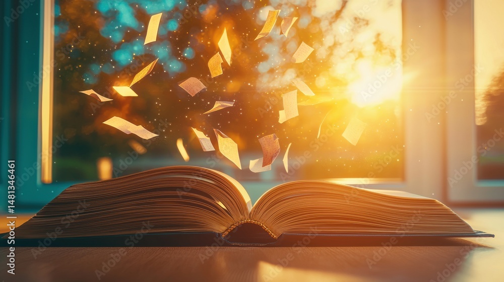 Poster an open book basking in the warm golden glow of sunlight streaming through a window radiating an exp