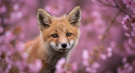 Fox cub in spring blossom
