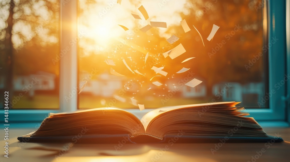 Poster an open book rests on a the warm sunlight to illuminate its pages and create a cozy inviting atmosph