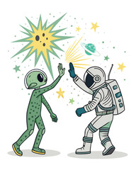 An astronaut and friendly alien high-five amidst vibrant nebulae and swirling cosmic dust; joyful expressions, detailed spacesuits and alien features.