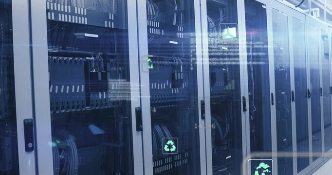 Server cabinets glowing in cool blue corridor, showing cables, floating green energy and code icons