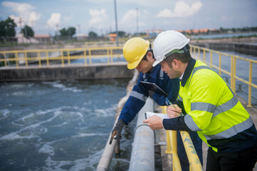 An expert inspector and technicians are seriously checking the water quality in the treatment pond...
