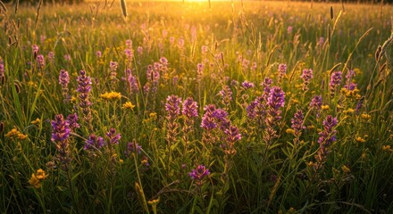 Golden Hour Meadow Wildflowers, Sunset, Grass, Nature, Landscape, Bloom, Summer, Plants, Scenery, Be