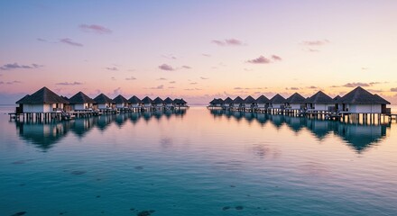 Obraz premium Tranquil overwater bungalows at sunrise