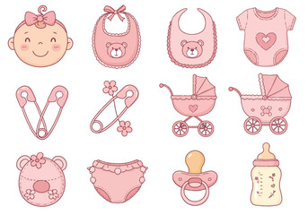 Adorable BabyThemed Illustrations Featuring Smiling Face Bib Safety Pins and Diaper