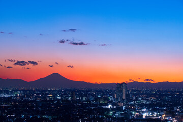 富士山と都市の夕景