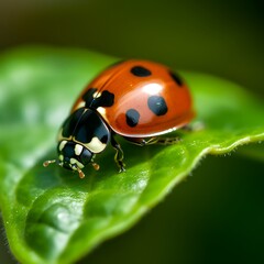 Fototapeta premium Ladybug on Green Leaf Closeup.