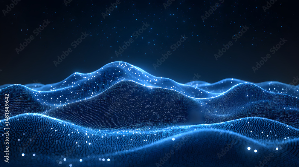 Poster Futuristic landscape with rolling blue hills composed of tiny dots. Glowing white points accent the granular terrain, creating a data visualization or energy field. Abstract wireframe in dark blue.