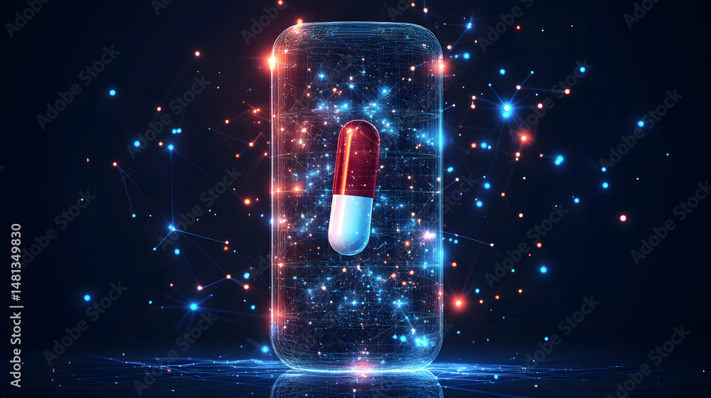 Leinwandbilder futuristic medical concept with a pill inside a light cylinder reflecting on a blue wireframe surfac