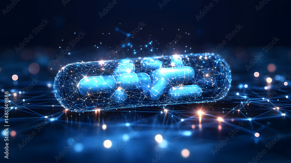 Fototapete Futuristic digital pill concept. Complex data-like capsule with glowing interconnected lines and inner capsules. Reflective dark background and bokeh lights. Abstract wireframe in dark blue.