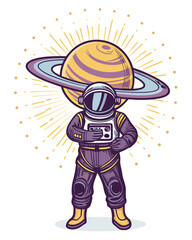 An astronaut in a spacesuit, against a dark backdrop, gently cradles a luminous purple orb depicting the rings of Saturn.