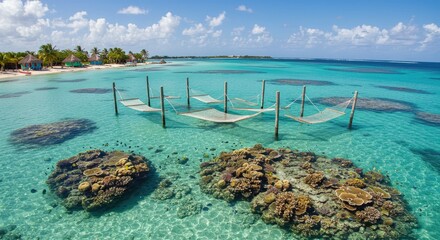 Tropical beach paradise with hammocks over crystal-clear water