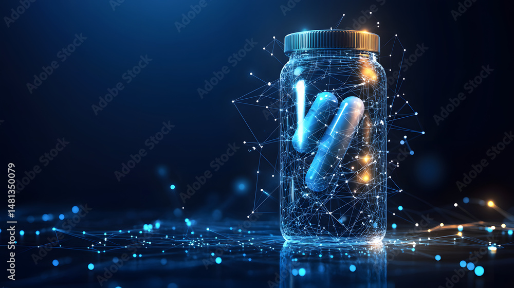 Poster futuristic blue capsules in a jar, digitally enhanced with glowing nodes and wireframes. science and
