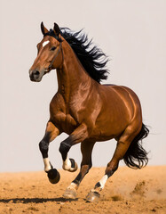 Obraz premium Dynamic Brown Horse Galloping with Flowing Mane Isolated on White Background in a Powerful Display of Strength and Speed