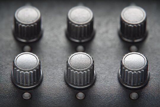 Audio Mixer Knobs: Close-up view of six black rotary knobs on a dark gray surface, suggesting audio mixing equipment or a control panel.  The image evokes a sense of precision, control.