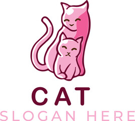 Mother and Kitten Cartoon Vector – Cute Bright Pink Cat Family Illustration