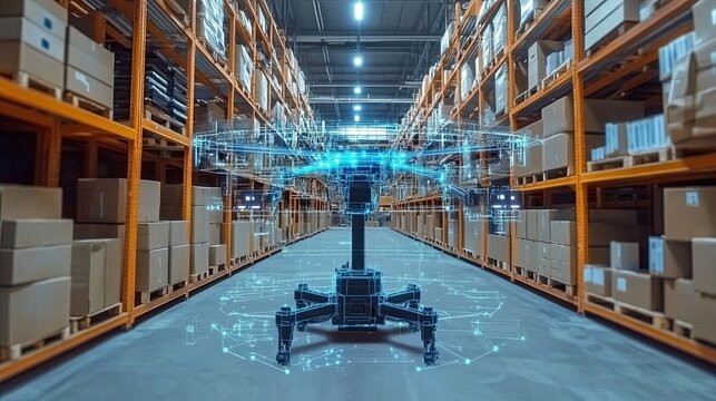 Robotic drone in warehouse with shelves filled with boxes and futuristic digital overlay design