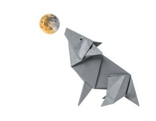 Gray Origami Wolf Looking at Moon in Night Sky