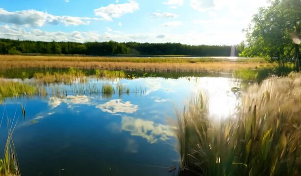 Tranquil wetland landscape with lush vegetation and clear water on a sunny day