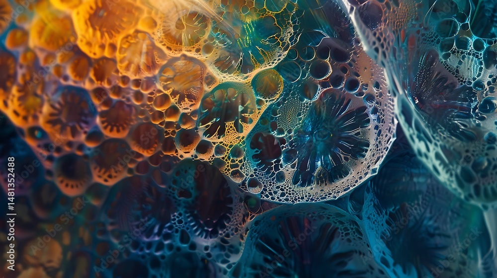 Poster abstract cellular structure with vibrant colors and detailed textures